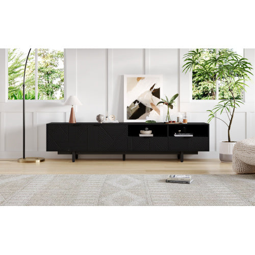 Modern Bohemian TV Cabinet, Black Geometric Lines TV Stand, TV Entertainment Center With Storage Space, 200X40X1 Cm, Modern TV Stand For 90 Inch TVs, Console Media Cabinet For Living Room
