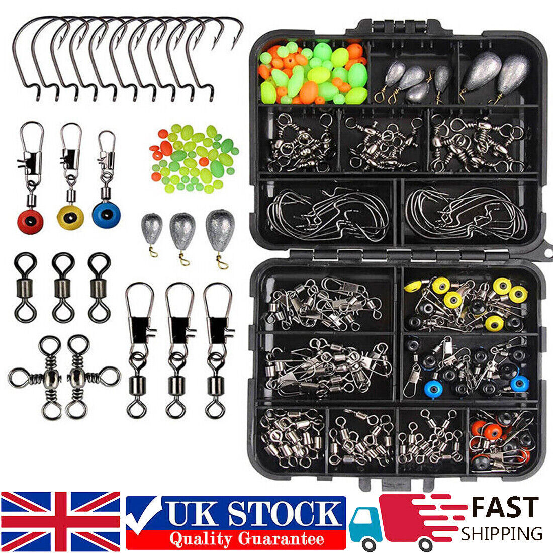 160pcs Carp Fishing Tackle Accessories Kit Lead Clips Carp Swivels Hooks Beads