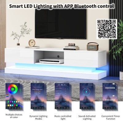 160 Cm TV Stand With16 Colour RGB LED Lights, High Gloss Front TV Cabinet With 2 Drawers And 1 Open Storage Space, TV Unit For 70-79 Inch TV For Living Room, White