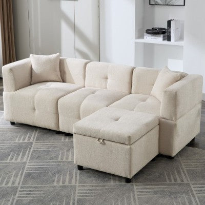 80 Sectional Sofa Couch With Removable Storage Ottoman, Fabric Sofa For Living Room Apartment, L-Shaped Sofa With 2 Pillows For Home Apartment Office Living Room, Beige