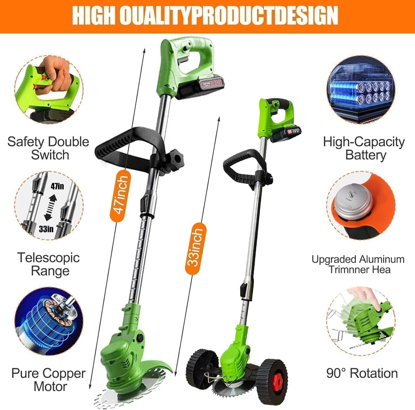 21V Cordless Strimmer Grass Trimmer Tree Cutter Garden Edger Electric 2Batteries