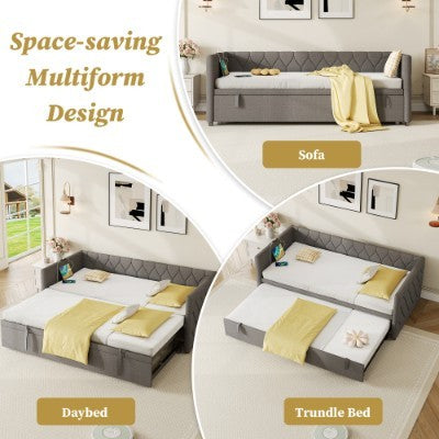 Upholstered Daybed, Sofa Bed With Charging Station, 3ft Single Button-tufted Bed With USB And Type - C Ports, Pull Out Trundle Bed For Living Room Bedroom Study Room, Linen, Grey No Mattress