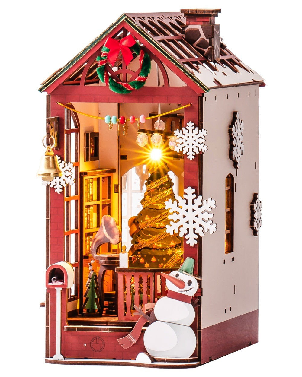 ROBOTIME DIY Christmas Dollhouse Wood Kit Book Nook BookShelf Decoration Gift, LED Lights
