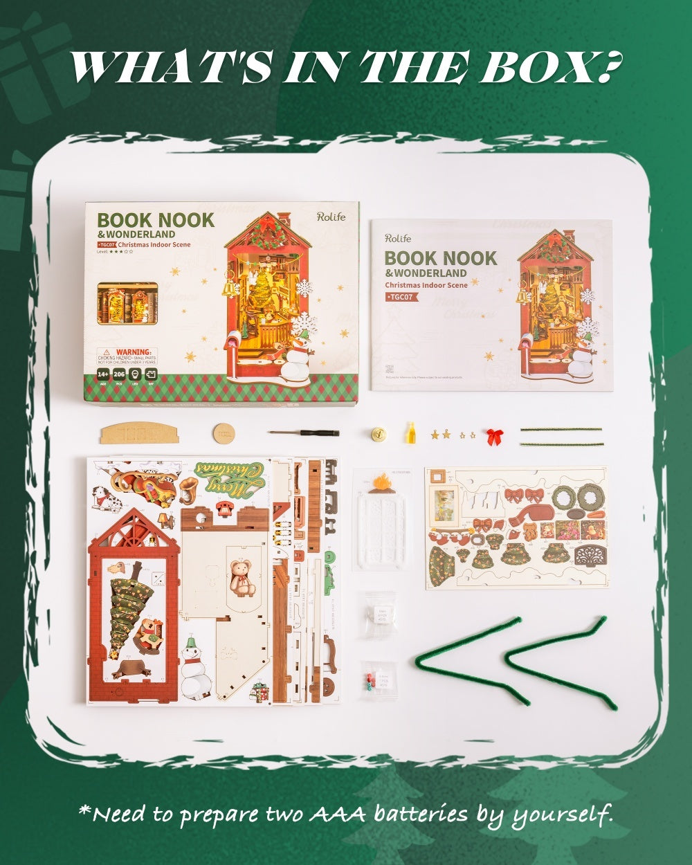 ROBOTIME DIY Christmas Dollhouse Wood Kit Book Nook BookShelf Decoration Gift, LED Lights