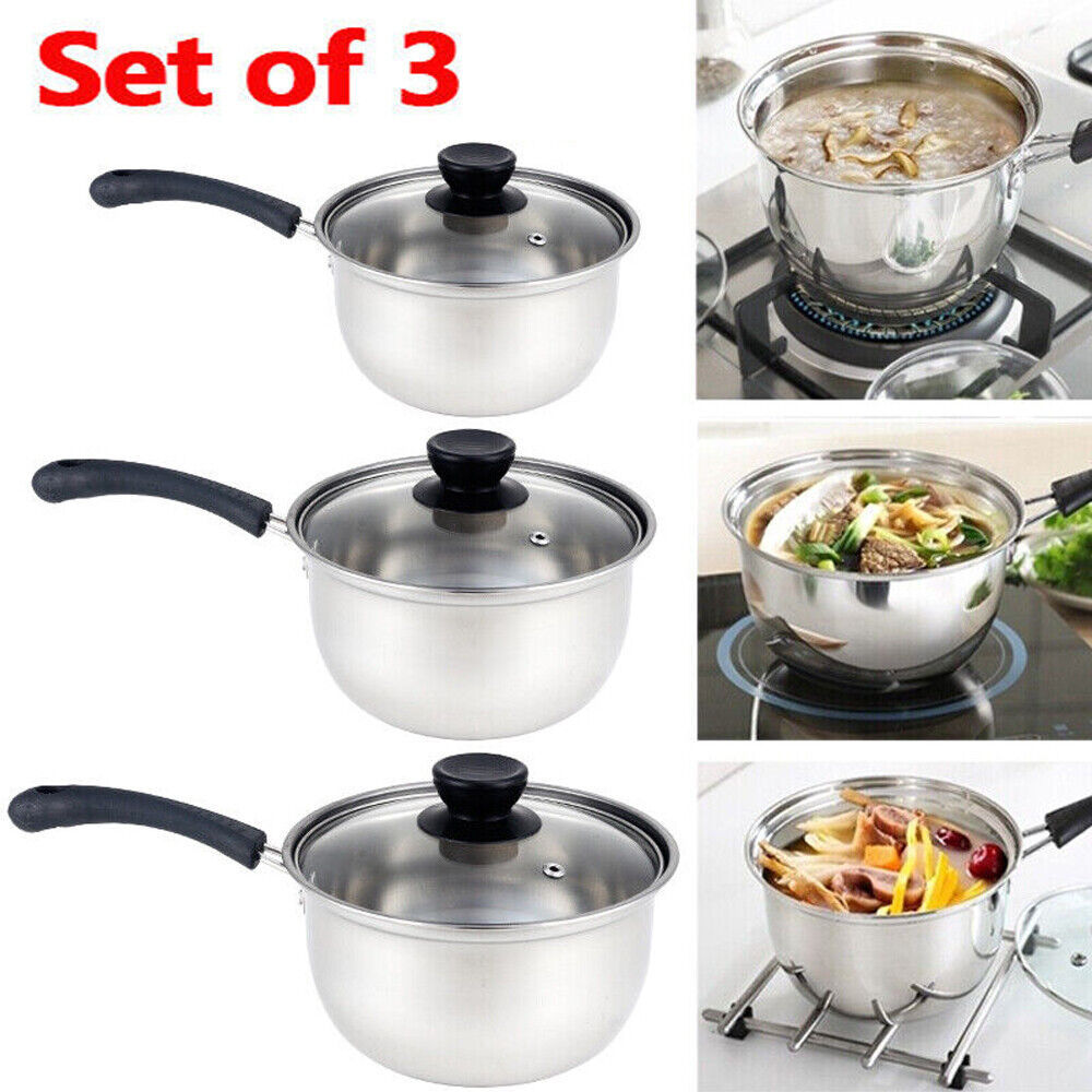 Set Of 3 Induction Non Stick Stainless Steel Cookware Kitchen Glass Lids Pot Pan
