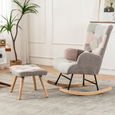 Rocking Chair, Fabric Relaxing Chair Wingback Accent Chair With Solid Wood Legs, Accent Armchair With Ottoman Single Sofa, Chair With Footstool And Pillow For Home Living Room Bedroom, Multicolour
