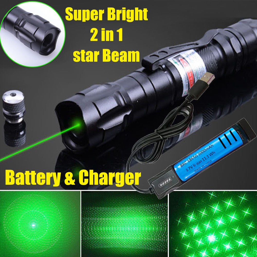 Green Laser Pointer USB Rechargeable Pen LED Flashlight Torch Visible Beam Lazer