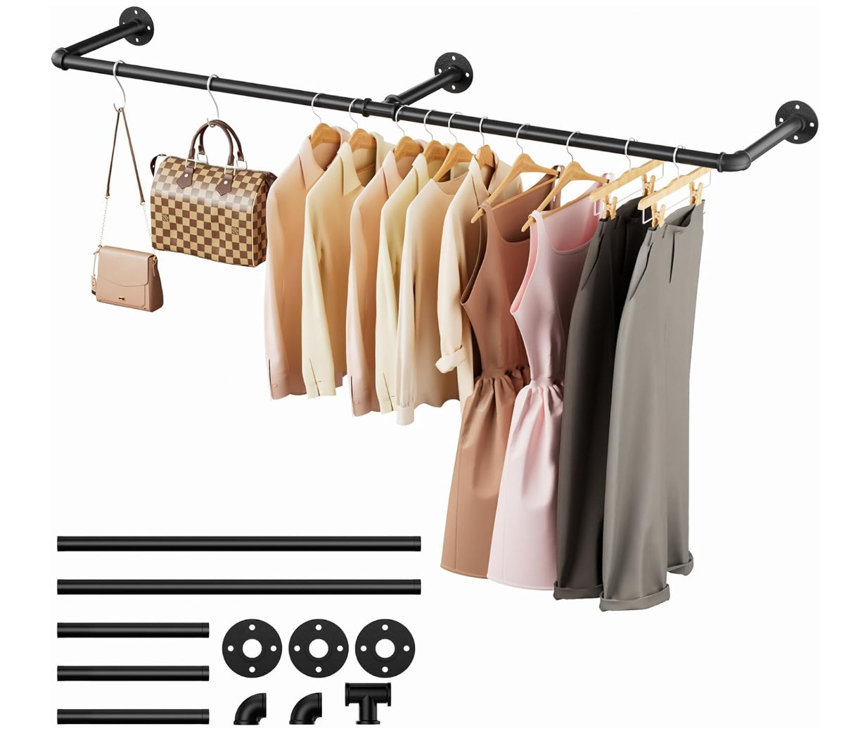 Tienily Industrial Pipe Clothes Rack, Metal Hanging Rails For Clothes, 80cm Clothes Rail Wall Mounted For Bedroom Storage