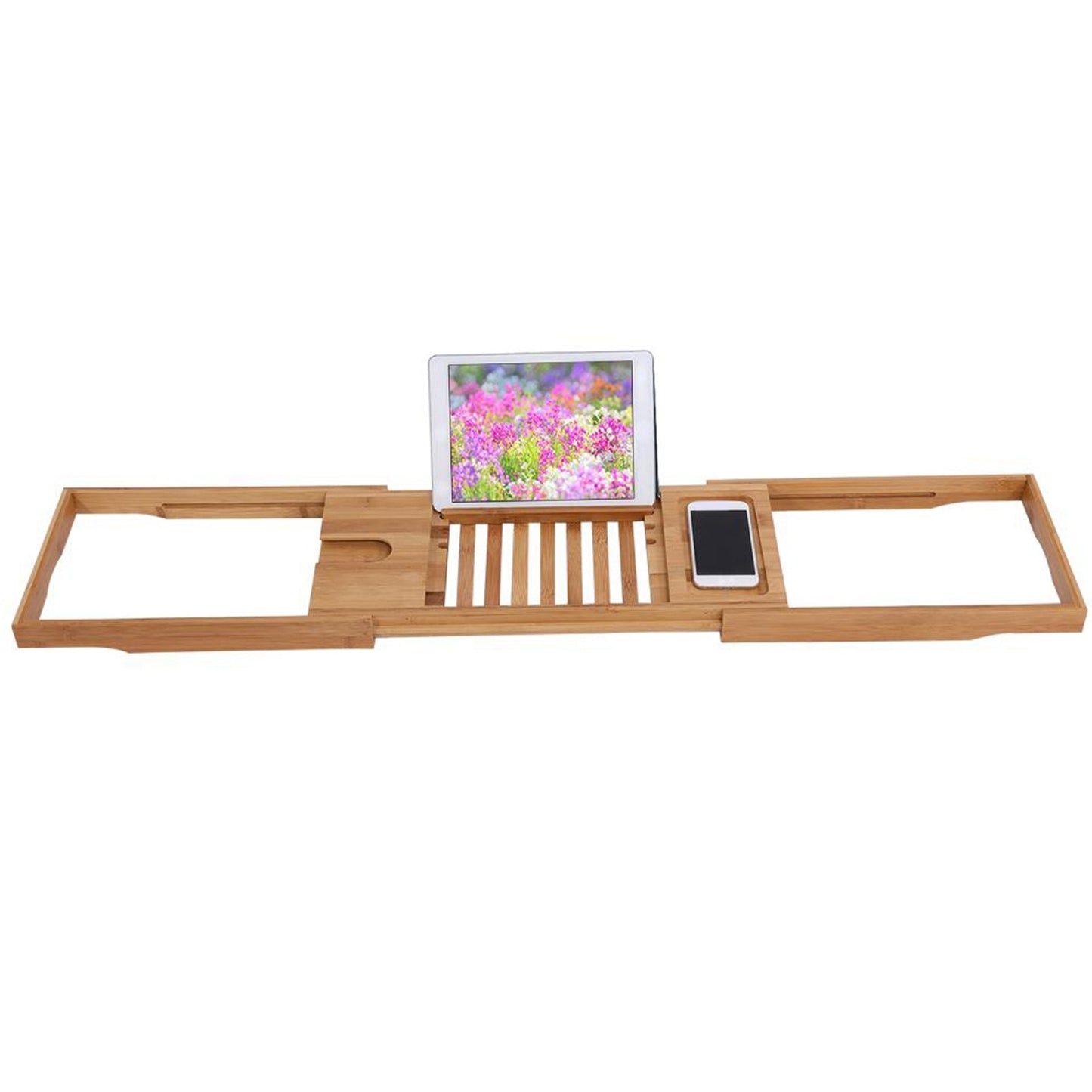 1Pc Extendable Bamboo Bathtub Rack Shelf Bathroom Shower Tub Book Reading Tray Stand