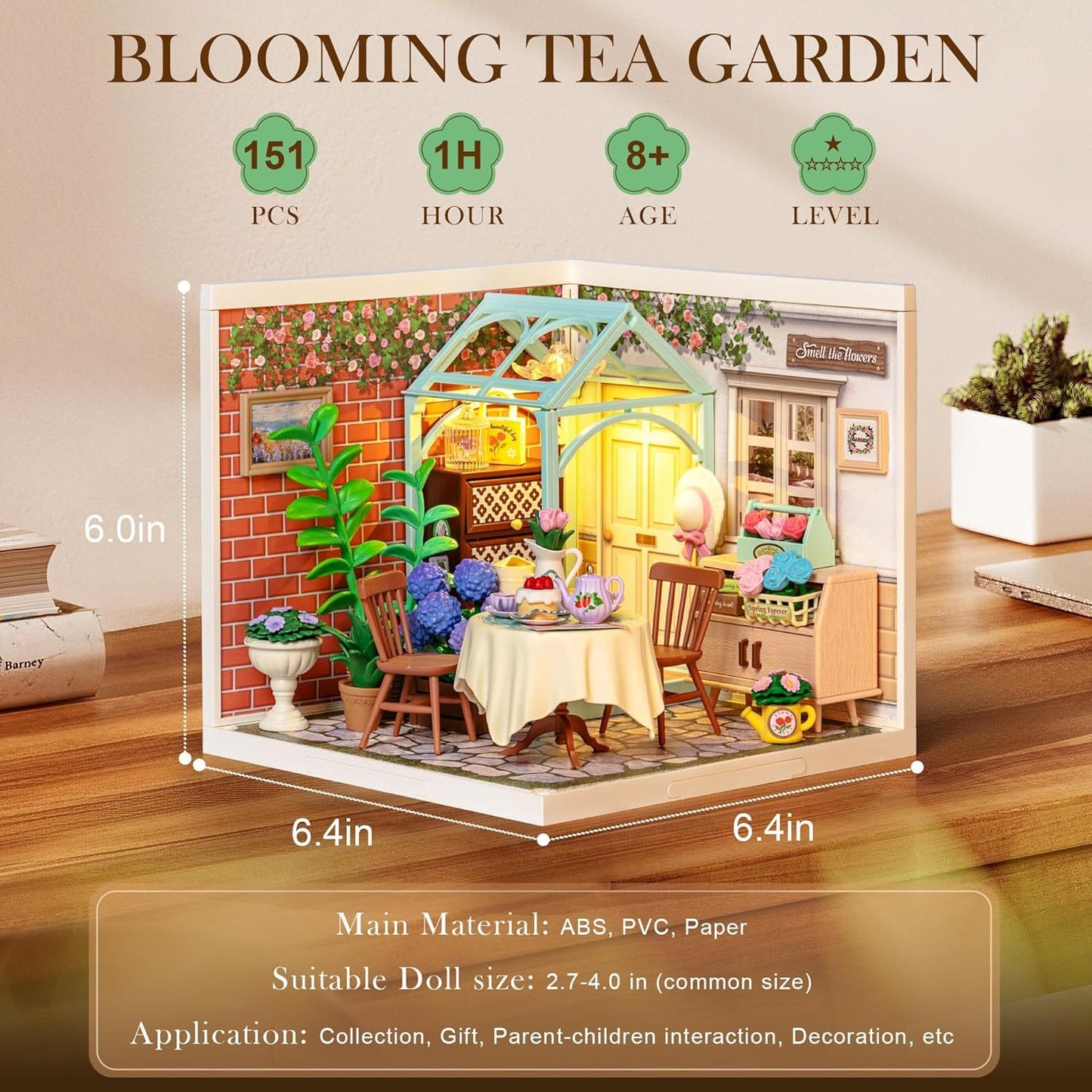 ROBOTIME DIY Miniature House Kit Dollhouse Model Building Craft Kit Birthday Creative Gifts For Adults Kids Girls Boys Blooming Tea Garden