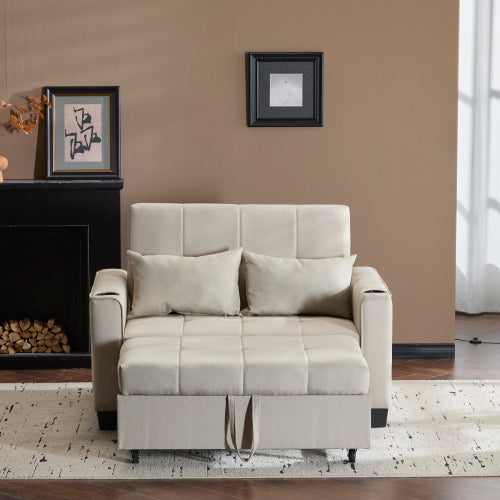 2 Seater Sofa Bed With Cup Holders, Pull Out Sleeper Sofa Convertible Fabric Sofa Chair Foldable Bed Settee For Living Room Apartment Mall Space, Beige