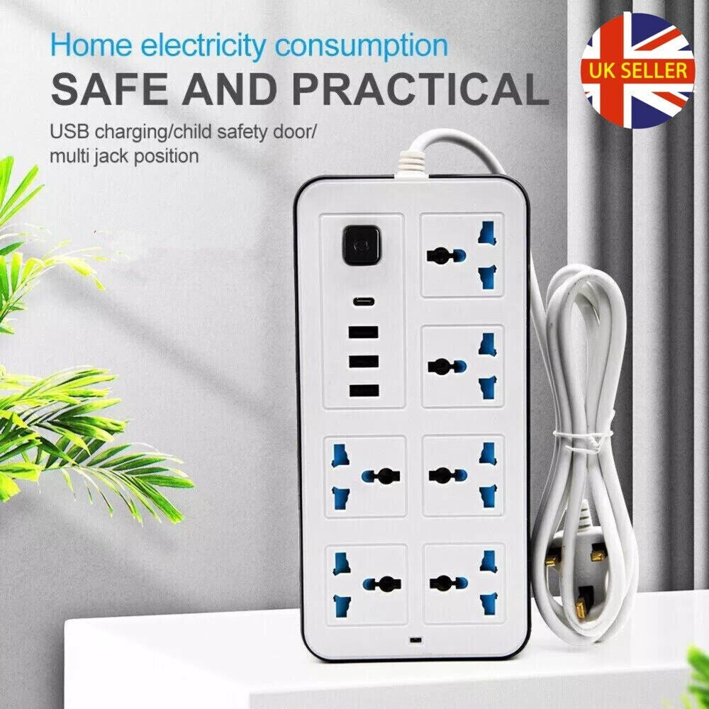 Extension Lead Cable Electric Mains Power 6 Gang Way 4 USB Plug Socket