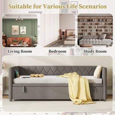 Upholstered Daybed, Sofa Bed With Charging Station, 3ft Single Button-tufted Bed With USB And Type - C Ports, Pull Out Trundle Bed For Living Room Bedroom Study Room, Linen, Grey No Mattress