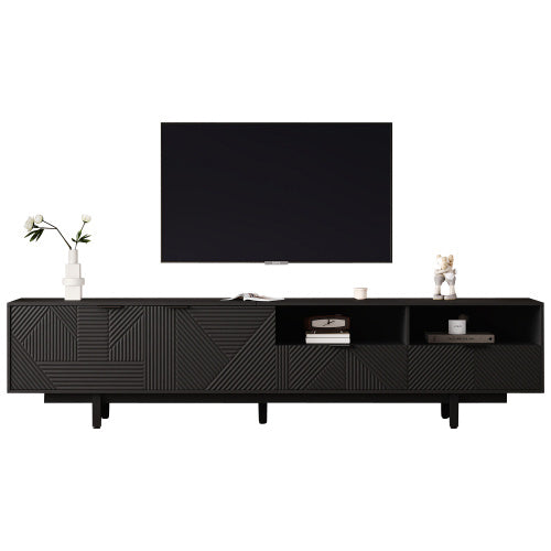 Modern Bohemian TV Cabinet, Black Geometric Lines TV Stand, TV Entertainment Center With Storage Space, 200X40X1 Cm, Modern TV Stand For 90 Inch TVs, Console Media Cabinet For Living Room