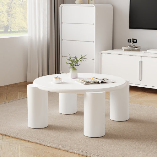 White Round Coffee Table,Wooden Painted Coffee Table,Tea Table, Cute Wooden Modern Center Table With 4 Legs For Bedroom Apartment, Living Room, Farmhouse
