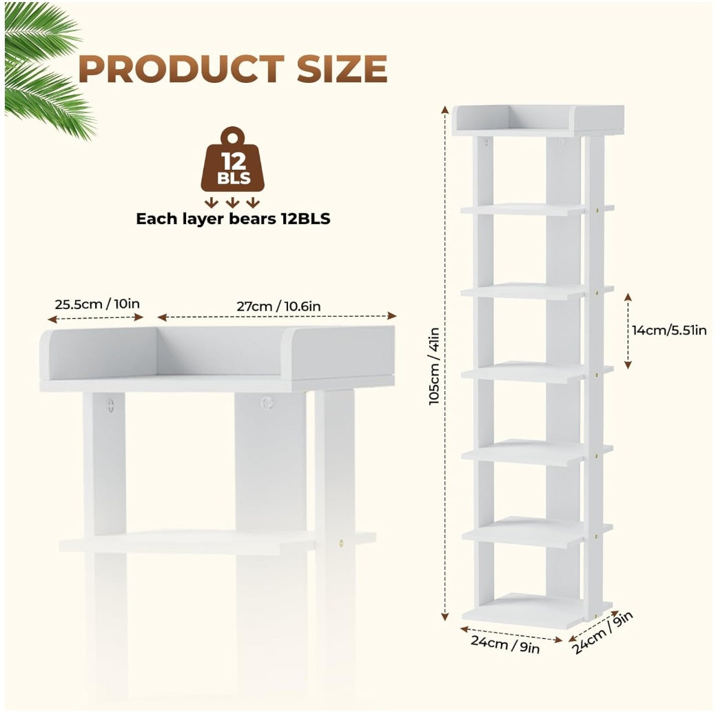 Tienily 7-Tier Narrow Shoe Rack, Wooden Shoe Shelf, Tall Slim Vertical Shoe Display Stand Holder For Entryway, Hallway, Home, Bedroom