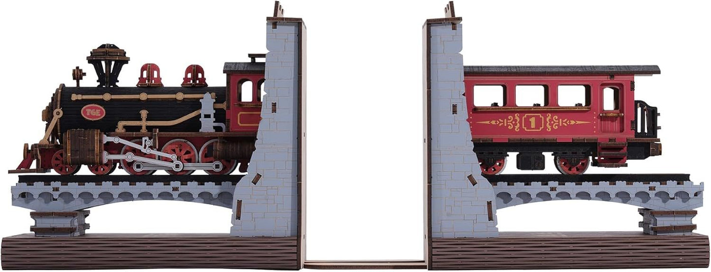 ROBOTIME Book Nook Book Ends Kits Century Train DIY Booknook 3D Wooden Puzzle Model Kit Bookend Bookshelf Decoration Gifts For Adults Kids Teens
