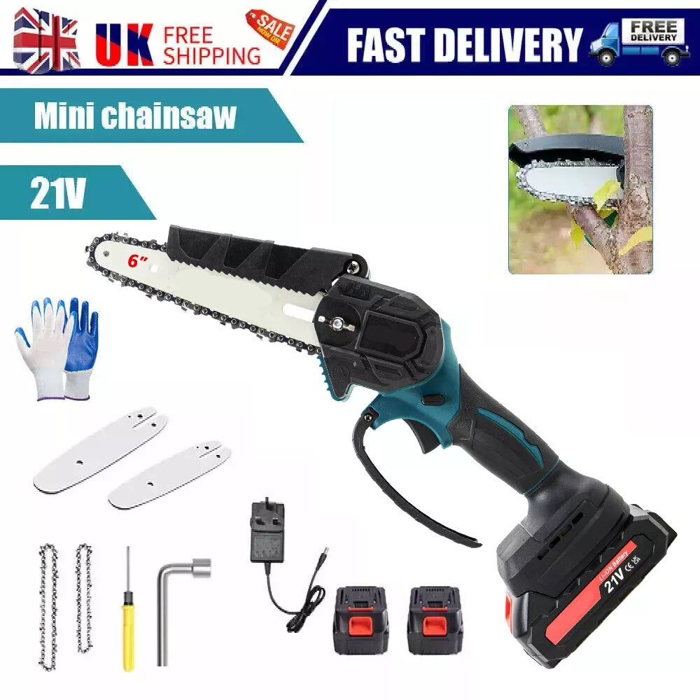 2 Battery 6-8 Mini Cordless Chainsaw Electric One-Hand Saw Wood Cutter