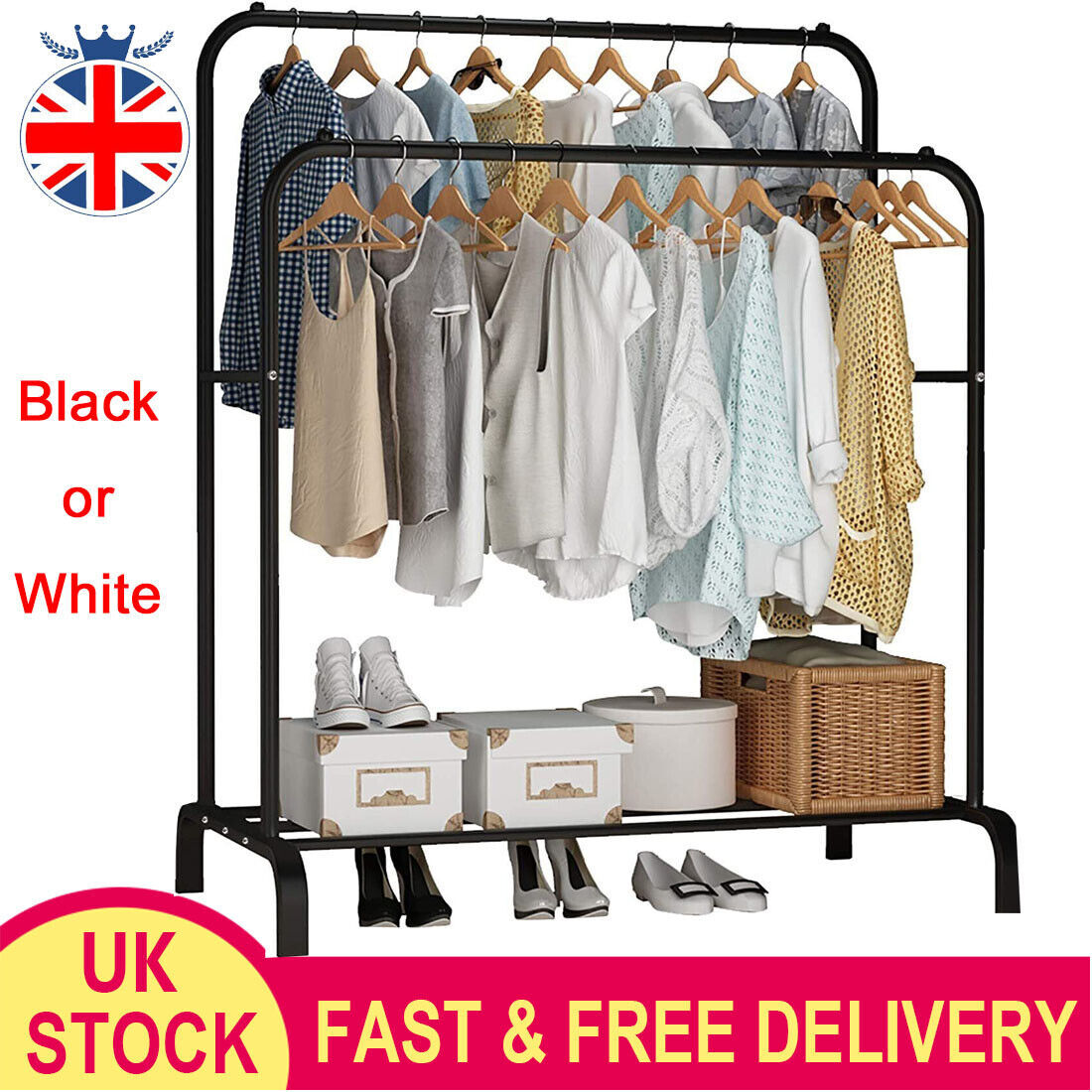 Heavy Duty Double Clothes Rail Hanging Rack Garment Display Stand Storage Shelf