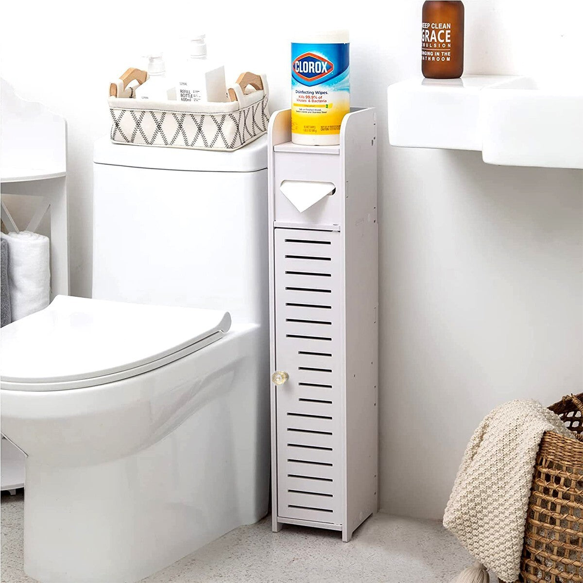 Wooden White Free Standing Toilet Paper Roll Holder Bathroom Storage Cabinet UK