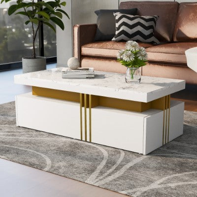 Modern White Rectangular Coffee Table With Marble Pattern Triamine Board Top And 2 Wooden Drawers, Living Room Table, 100x50x40cm