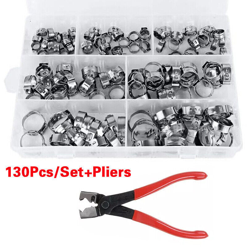 130x Single Ear Hose Clamps Assorted Stainless Steel O Fuel Pipe Clip Hose Plier