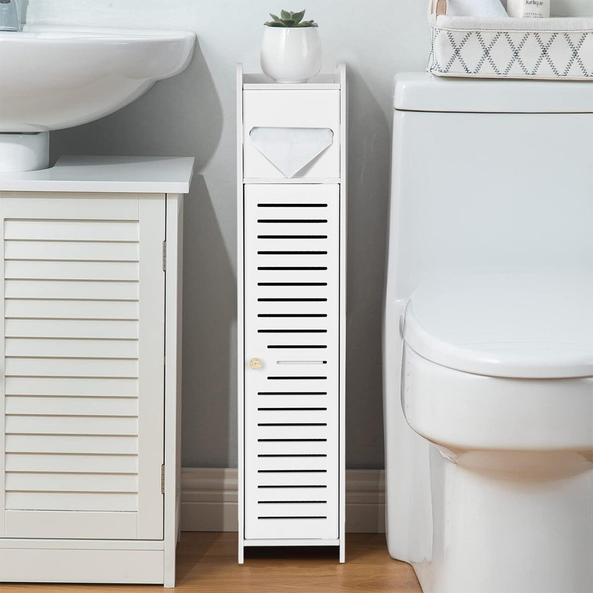 Wooden White Free Standing Toilet Paper Roll Holder Bathroom Storage Cabinet UK