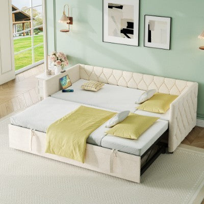 Upholstered Daybed, Sofa Bed With Charging Station, 3ft Single Button-tufted Bed With USB And Type - C Ports, Pull Out Trundle Bed For Living Room Bedroom Study Room, Linen, Grey No Mattress