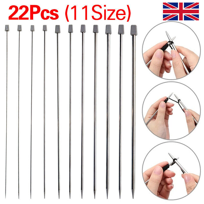 22pcs-11Pairs 25cm Single Pointed Stainless Steel Knitting Needles Set 2mm-8mm