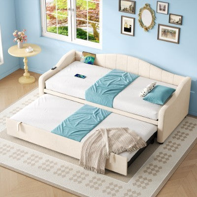 Upholstered Bed 90x190cm, Daybed, Sofa Bed With Charging Station, 3ft Single Velvet Bed With USB And Type - C Ports, Pull Out Trundle Bed For Living Room Bedroom Study Room, Beige No Mattress