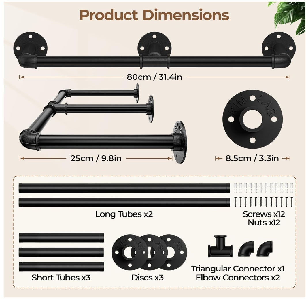 Tienily Industrial Pipe Clothes Rack, Metal Hanging Rails For Clothes, 80cm Clothes Rail Wall Mounted For Bedroom Storage