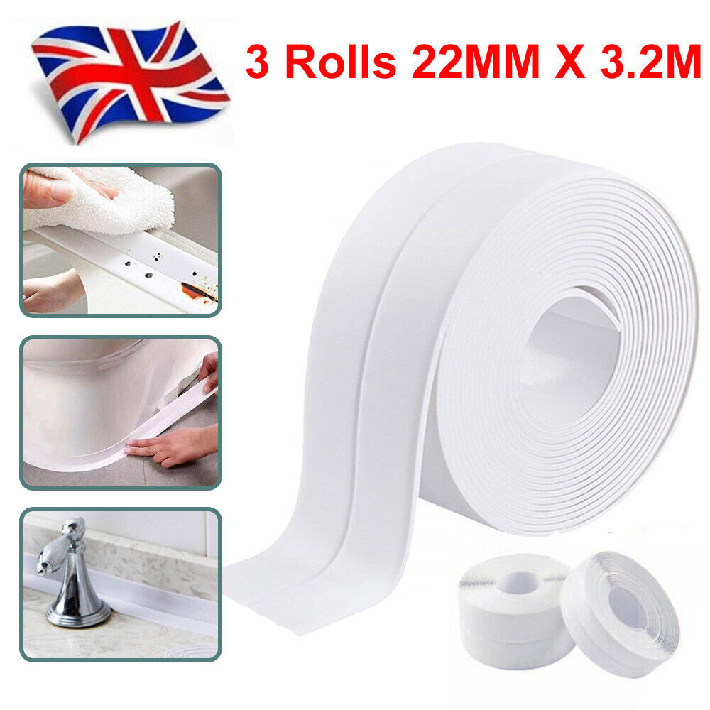 1-3X WATERPROOF SEALING TAPE ADVE WHITE BATHROOM KITCHEN LEAK PVC 22MM X 3.2MHESI