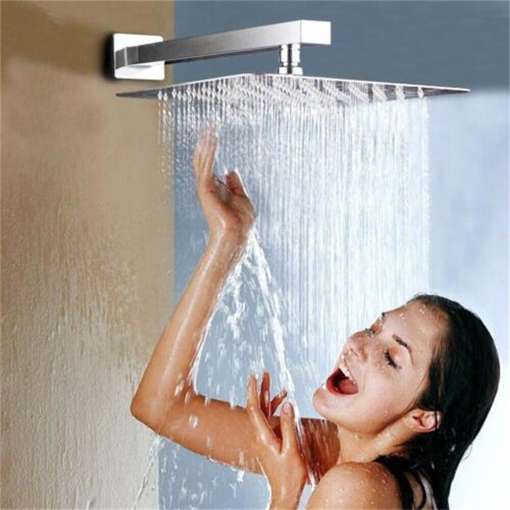 12 Large Square Shower Head Chrome Stainless Steel Rainfall Overhead Bathroom