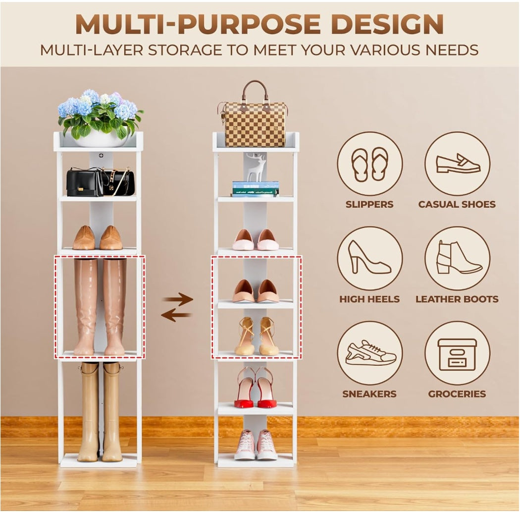 Tienily 7-Tier Narrow Shoe Rack, Wooden Shoe Shelf, Tall Slim Vertical Shoe Display Stand Holder For Entryway, Hallway, Home, Bedroom