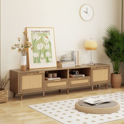 TV Console Table, Up To 90 Inches TV, TV Cabinet With Plastic Rattan Design, TV Cabinet With Solid Wooden Feet, Braided Rattan TV Boards