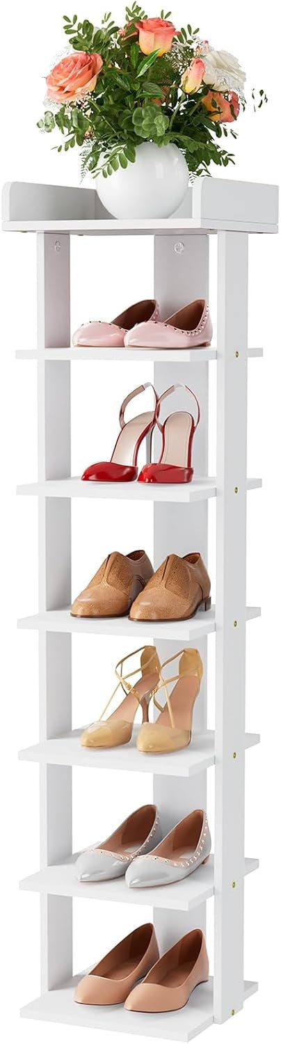 Tienily 7-Tier Narrow Shoe Rack, Wooden Shoe Shelf, Tall Slim Vertical Shoe Display Stand Holder For Entryway, Hallway, Home, Bedroom