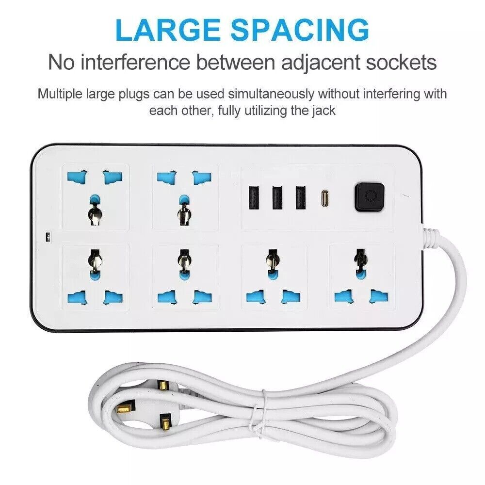 Extension Lead Cable Electric Mains Power 6 Gang Way 4 USB Plug Socket