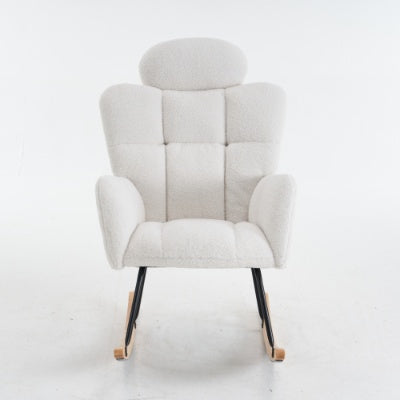 Soft Teddy Fabric Tufted Upholstered Rocking Chair Padded Seat With Headrest For Living Room Bedroom,Ivory White