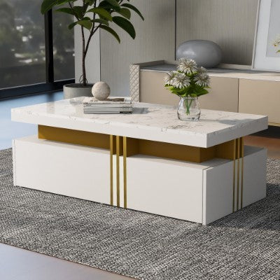 Modern White Rectangular Coffee Table With Marble Pattern Triamine Board Top And 2 Wooden Drawers, Living Room Table, 100x50x40cm