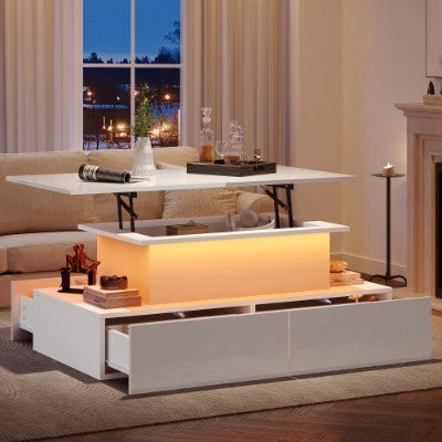 LED High Gloss Coffee Table With 4 Drawers, Lift Top Coffee Table, Wood Lifting Table Tea With Storage,Rectangular Coffee Table With Storage, 90 X 55 X 42.5 Cm, White
