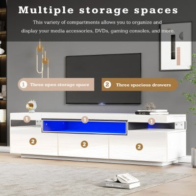 V Stand Cabinet For 70-inch TV High Gloss TV Stand Unit With LED Lights 160CM, 3 Drawers, 3 Open Storage Space, For Bedroom Living Room Home Furniture