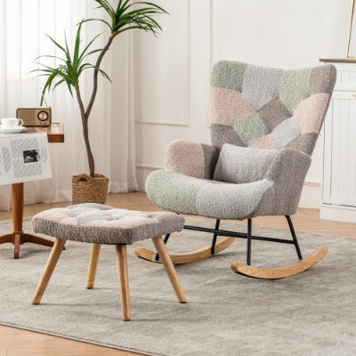 Rocking Chair, Fabric Relaxing Chair Wingback Accent Chair With Solid Wood Legs, Accent Armchair With Ottoman Single Sofa, Chair With Footstool And Pillow For Home Living Room Bedroom, Multicolour