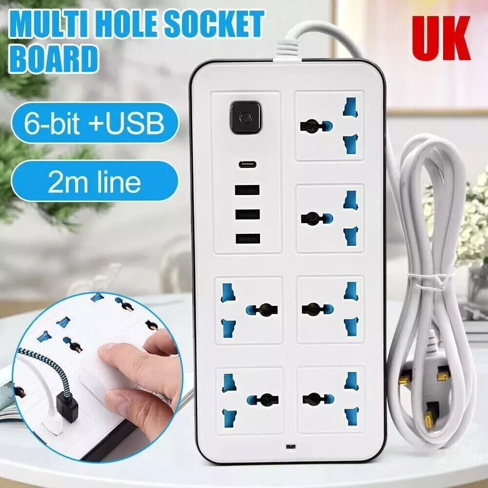 Extension Lead Cable Electric Mains Power 6 Gang Way 4 USB Plug Socket
