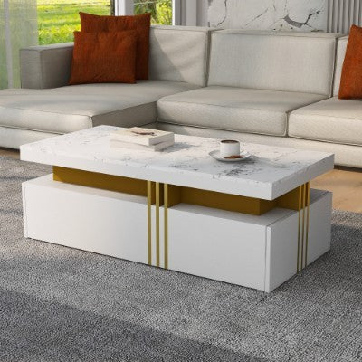 Modern White Rectangular Coffee Table With Marble Pattern Triamine Board Top And 2 Wooden Drawers, Living Room Table, 100x50x40cm