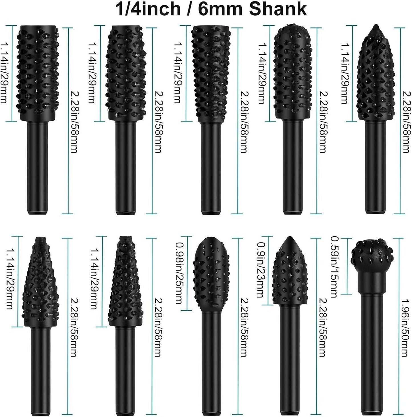 10PCS Wood Carving Rasp File Drill Bit, 1 -4inch Shank Rotary Burr Power Carving Tools For Wood Engraving Grinding