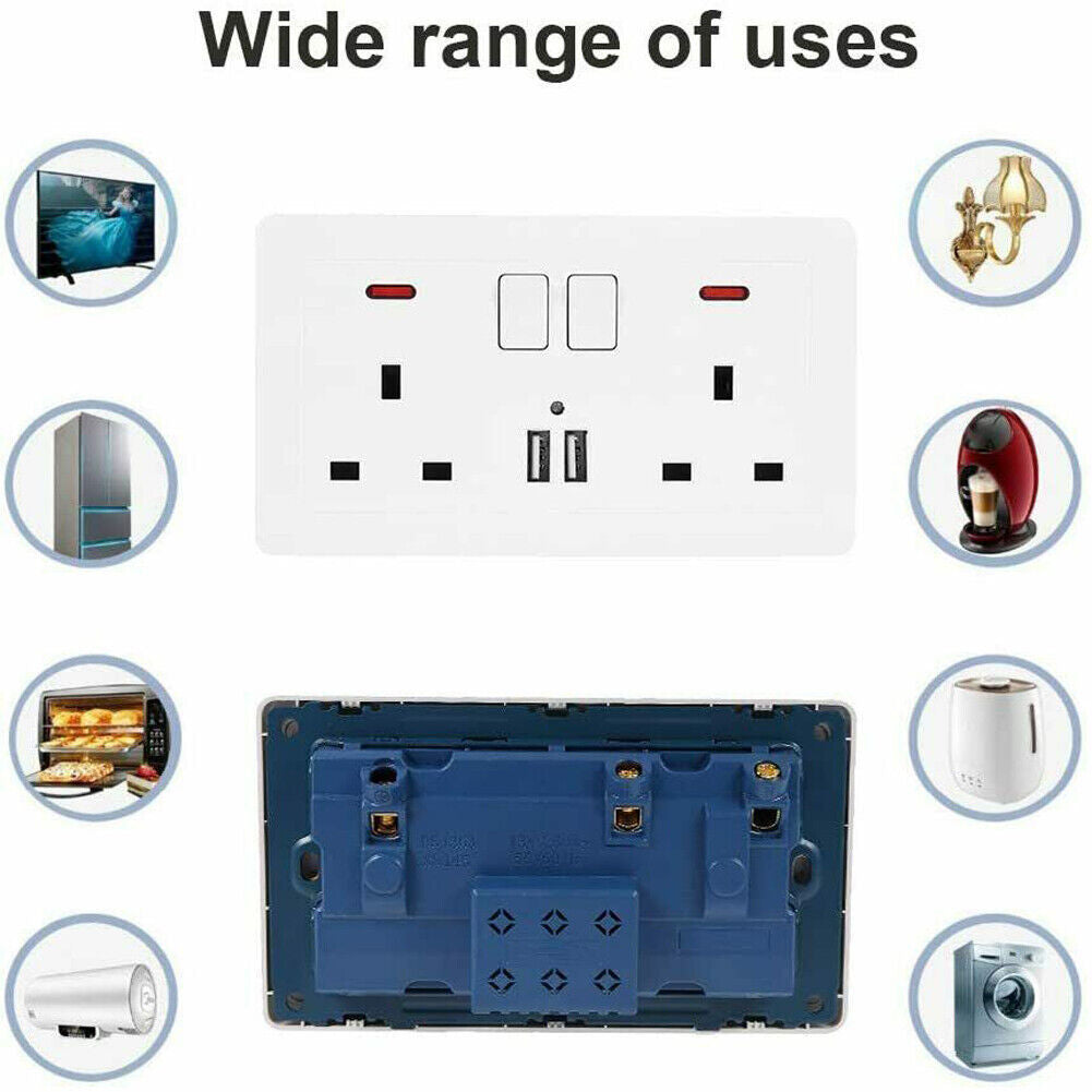 Double Wall Plug Socket 2 Gang 13A W 2 Charger USB Outlets Flat UK