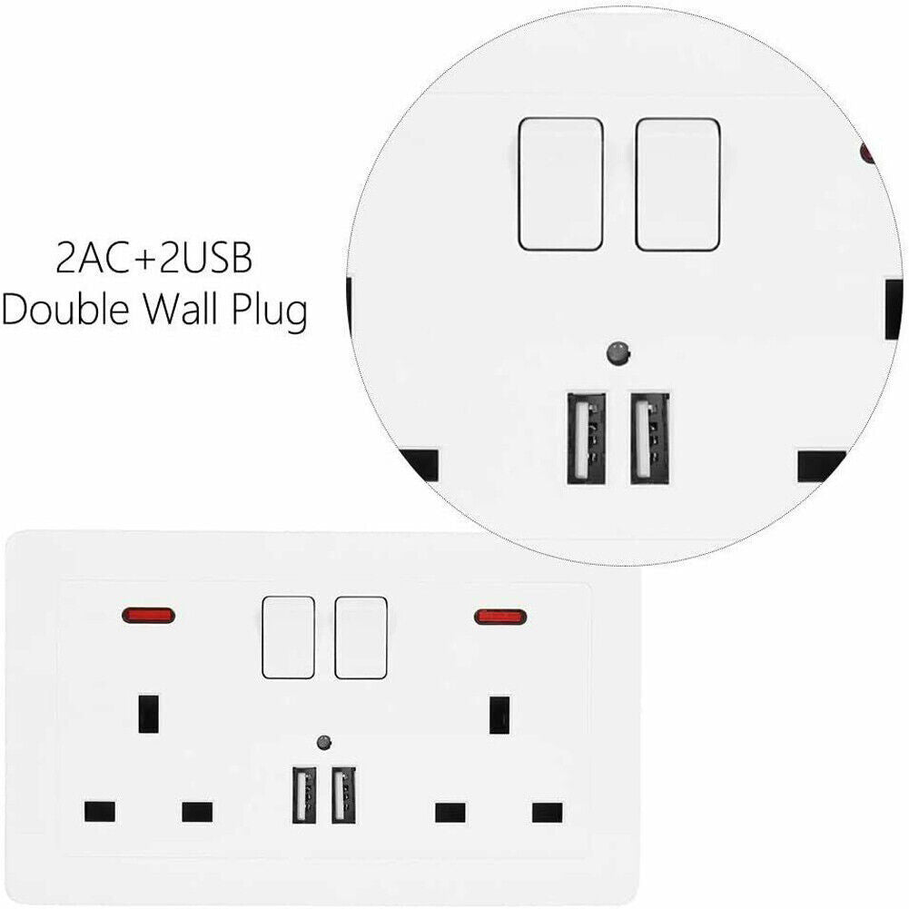Double Wall Plug Socket 2 Gang 13A W 2 Charger USB Outlets Flat Plate UK