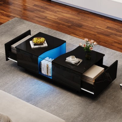 Led Coffee Table With 2 Drawer Storage, High Gloss Coffee Table For Living Room Unique Shape Centre Table With 16-Color Led Lights,End Table For Home Office Furniture, Black