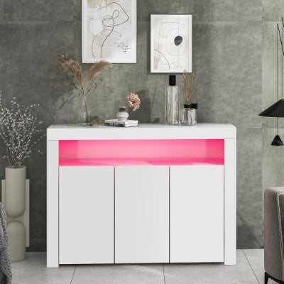 High Gloss White Sideboard Display Cabinet With LED Lights, Modern 3-Door Wood Buffet Cupboard Storage Unit With Remote Control For Kitchen Living Room Dining Room Hallway