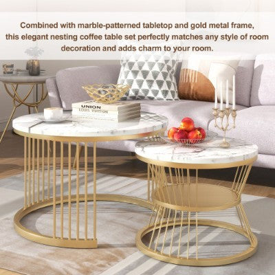 Round Coffee Tables, Removable Set Of 2 End Table, Nesting Tables With Gold Metal Frame Legs And Marble Pattern Top For Living Room, Bedroom, Office, Balcony, Apartment